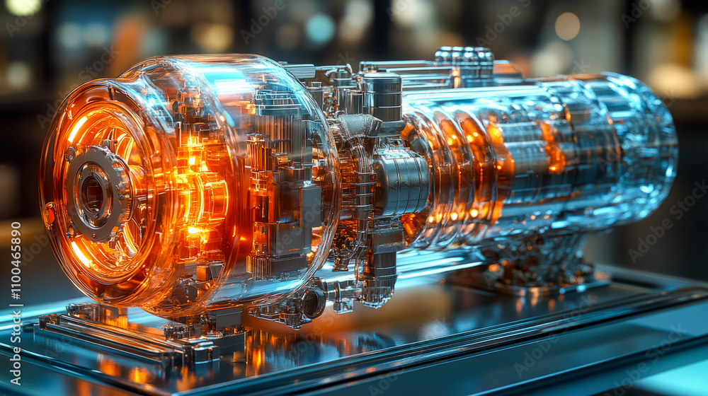 Poster futuristic transparent engine with glowing orange elements on display