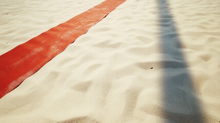 A beach volleyball’s boundary line with sharp contrasts between sand and painted tape, beach setting with midday sun casting shadows, Vibrant style