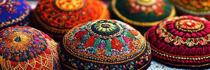 A close-up view of intricately embroidered Sindhi topi caps showcasing rich colors, detailed floral patterns, and traditional craftsmanship, reflecting cultural heritage and artistry
