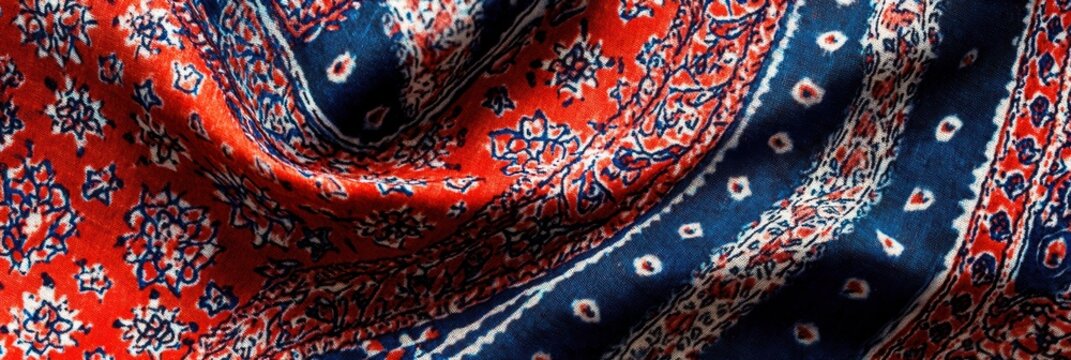 A close-up of traditional ajrak fabric showcasing vivid red and blue patterns with intricate floral and geometric motifs, emphasizing the rich cultural artistry and textile craftsmanship