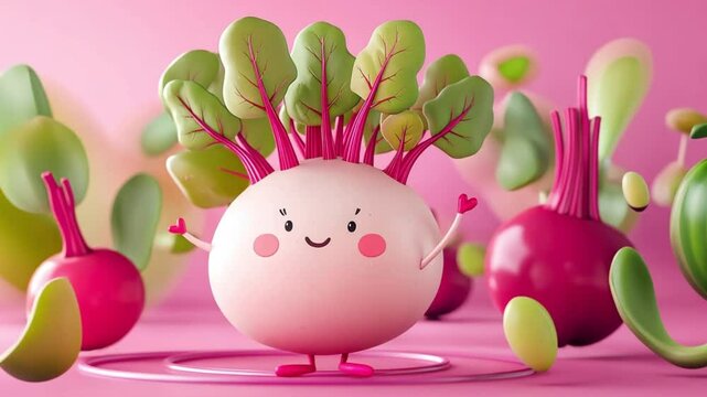 Cute cartoon beet with pink cheeks and green leaves smiles and holds a heart in its hand.