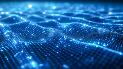 Glowing blue digital wave matrix with sparkling light particles