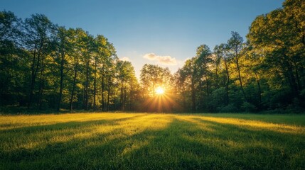 Obraz premium Sunset Illuminates Green Forest Meadow Landscape