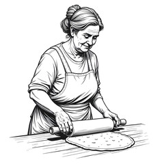 Illustration of an old woman rolling dough