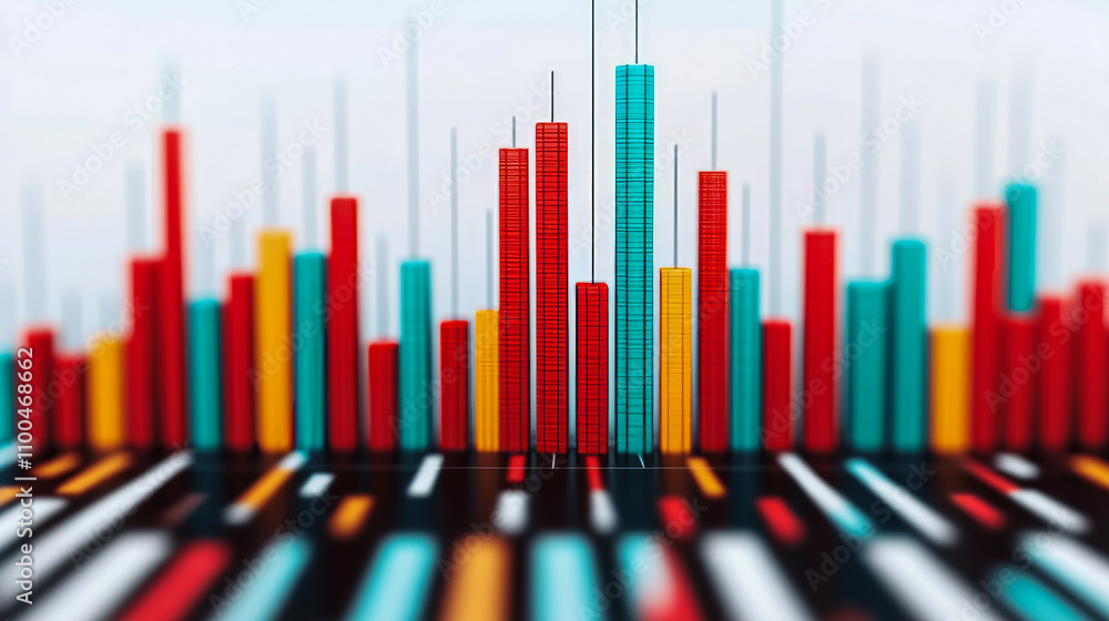 Poster colorful bar graph display with focus on tall blue column and blurred background