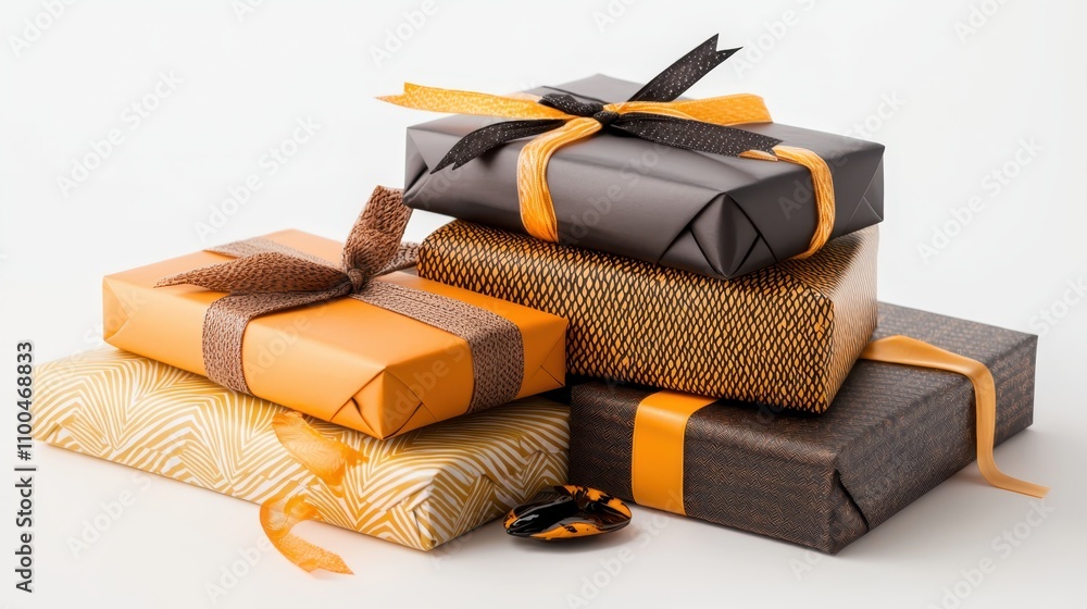 Poster stack of wrapped gifts in various styles and colors, capturing the texture and detail of each type o