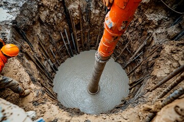 Workers in safety gear oversee heavy machinery as it drills into the ground at a construction site