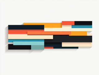 Linear abstract composition with colourful horizontal bars in bright red, yellow, and blue tones on a light background.