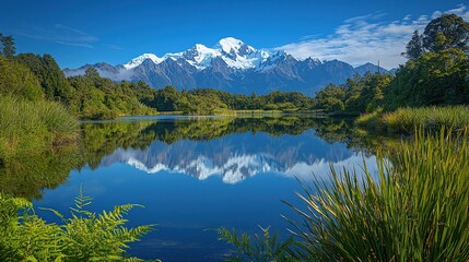 Fototapeta premium A serene landscape featuring a reflective lake surrounded by lush greenery and snow-capped mountains.