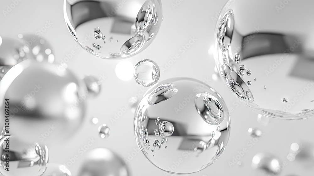 Poster a close-up view of translucent bubbles floating against a light background, creating a serene and ai