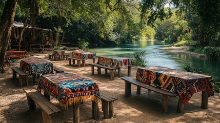 Obraz premium A picturesque tribal-themed picnic area by a tranquil river. Wooden tables with colorful tribal tablecloths and benches are surrounded by nature
