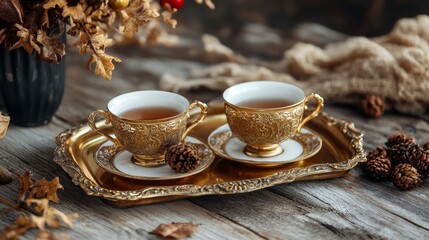 Fototapeta premium Golden Tea Cups on a Rustic Tray - Autumnal Elegance