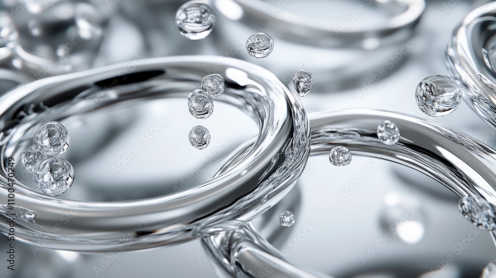 Poster abstract close-up of shiny silver rings and bubbles, creating a fluid and dynamic composition.