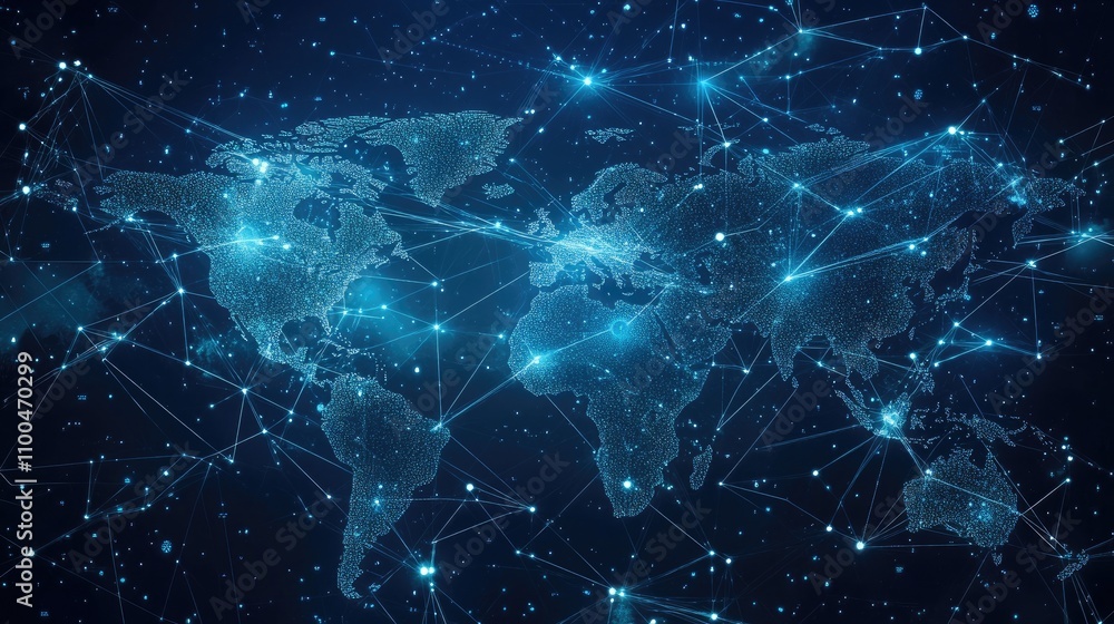 Aufkleber a digital depiction of a world map illuminated with blue lights and connected by glowing lines, repr