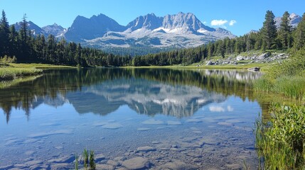 Fototapeta premium Mountain lake reflects majestic peaks and pristine forest