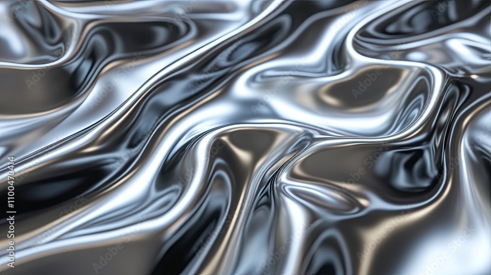 Poster a mesmerizing shimmer of wavy metallic fabric in shades of silver and gray, creating a sleek and mod
