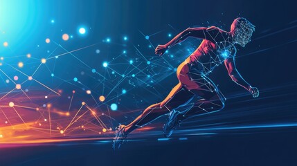 A dynamic male athlete depicted in a futuristic style, sprinting towards a digital horizon filled with vibrant colors.
