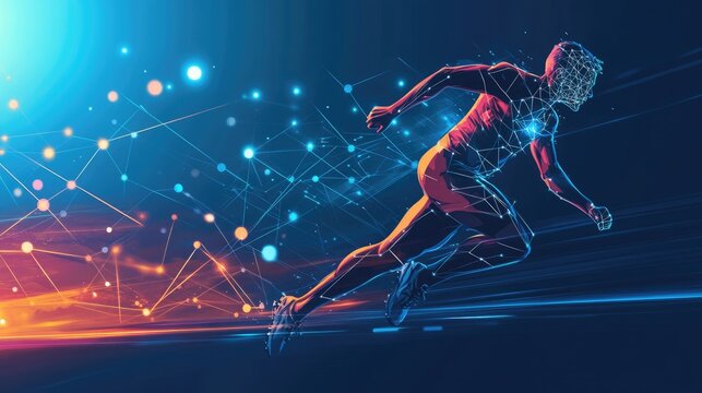 A dynamic male athlete depicted in a futuristic style, sprinting towards a digital horizon filled with vibrant colors.