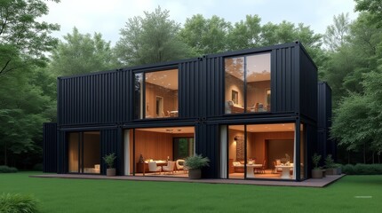 Black Container House in Garden with Glass Windows