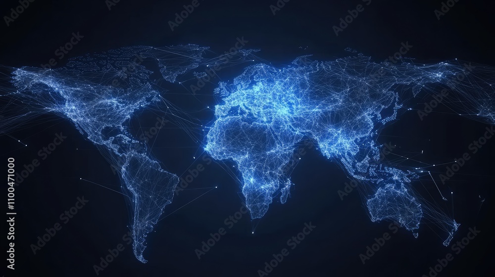 Poster a stunning digital representation of a world map illuminated with blue network lines, symbolizing gl