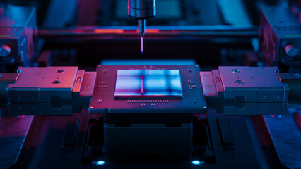 Close-up of Advanced Computer Chip illuminated with Red Light in Industrial Environment. Microchip...