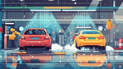 Obraz premium Two cars, one red and one yellow, are being washed in a modern garage, showcasing a vibrant and clean atmosphere.