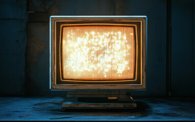 A vintage CRT monitor with a pixelated screen, isolated in a dark space, its glowing display adding atmosphere. 