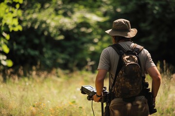 Fototapeta premium Explorer searches the woods for hidden treasures with metal detector. Generative AI