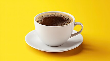 Obraz premium A steaming cup of black coffee on a bright yellow background, evoking warmth and energy.