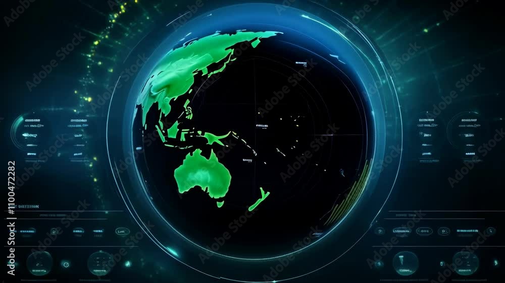 Poster earth globe hologram with hud data screen. digital planet visualization with glowing effect. futuris