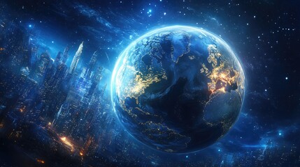 Naklejka premium A stunning view of Earth illuminated at night, surrounded by a vast galaxy filled with stars.