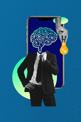 Vertical photo collage of anonym guy instead head brain organ artificial intelligence app phone...