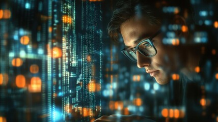 Software developer working with source code and data flow on digital display panel