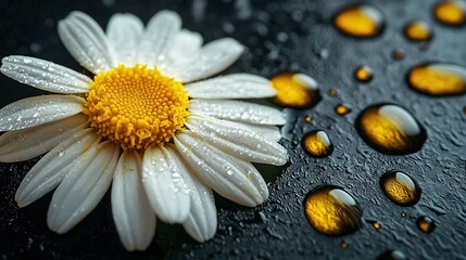 Fototapeta premium A white bloom with a yellow core on a black background, surrounded by droplets of water