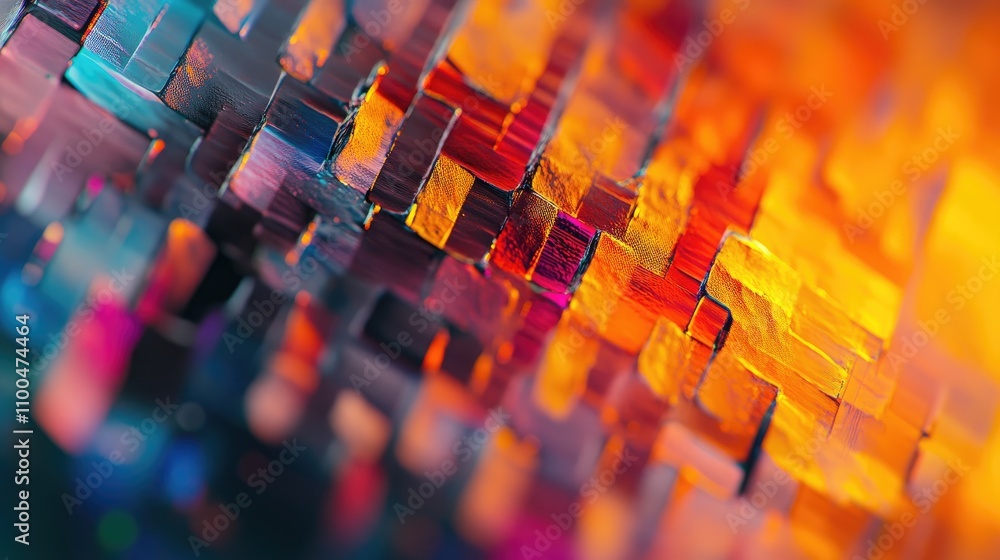 Poster abstract close-up of colorful textured blocks with vibrant hues of orange, blue, and purple, creatin