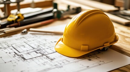 Yellow construction safety helmet placed on architectural blueprints with tools on a wooden table