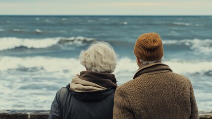 Elderly couple embracing and enjoying ocean view at sunset on beach