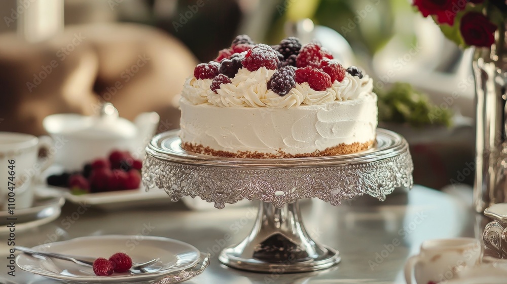 Wall mural Elegant Berry Cake on a Silver Stand