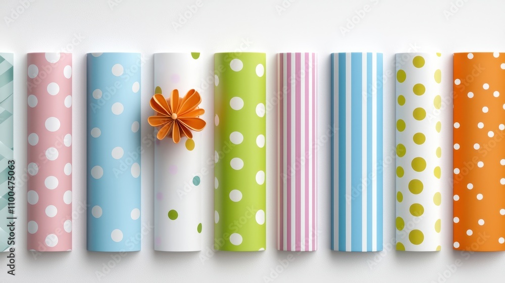 Poster colorful gift display on a white background with various patterns, from polka dots to stripes, creat