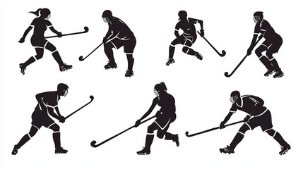 Fototapeta premium Vector Silhouette Set of Male and Female Field Hockey Athletes in Action Poses.