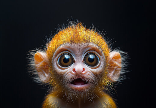 Close up surprised little yellow monkey with big eyes and open mouth looking at camera on uniform black background.