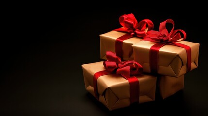 Obraz premium Stack of gift boxes wrapped in brown craft paper with red satin ribbons on a black background