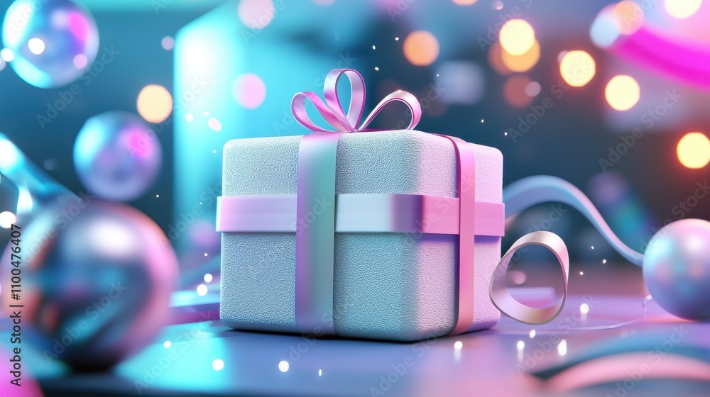 Poster creative 3d gift box design with popping details, featuring a unique ribbon style and futuristic tex