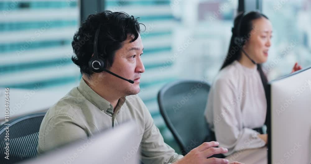 Poster virtual assistant, explain or asian man on computer in call center for consulting, online help or ad