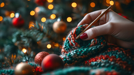 Close-up of a woman's hand knitting a colorful scarf in front of a blurred Christmas tree with warm lights. Cozy winter scene.