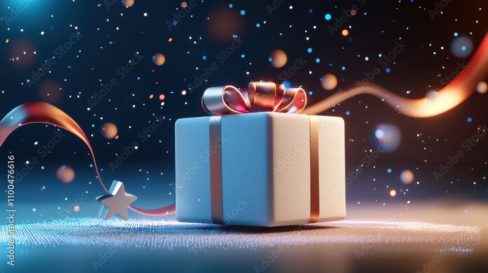 Poster creative 3d gift box design with popping details, featuring a unique ribbon style and futuristic tex