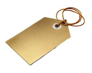 a gold tag with a string
