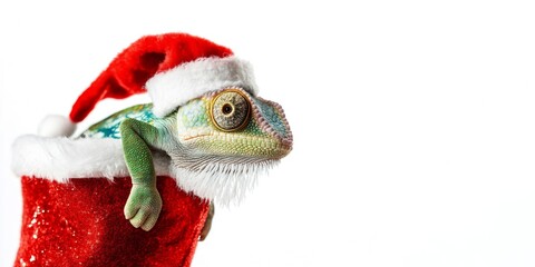 Sch&ouml;nen Nikolaustag oder Weihnachten Gru&szlig;karte - S&uuml;&szlig;es Cham&auml;leon Reptil mit Nikolausm&uuml;tze sitzt in Nikolausstiefel, isoliert auf weissem Hintergrund