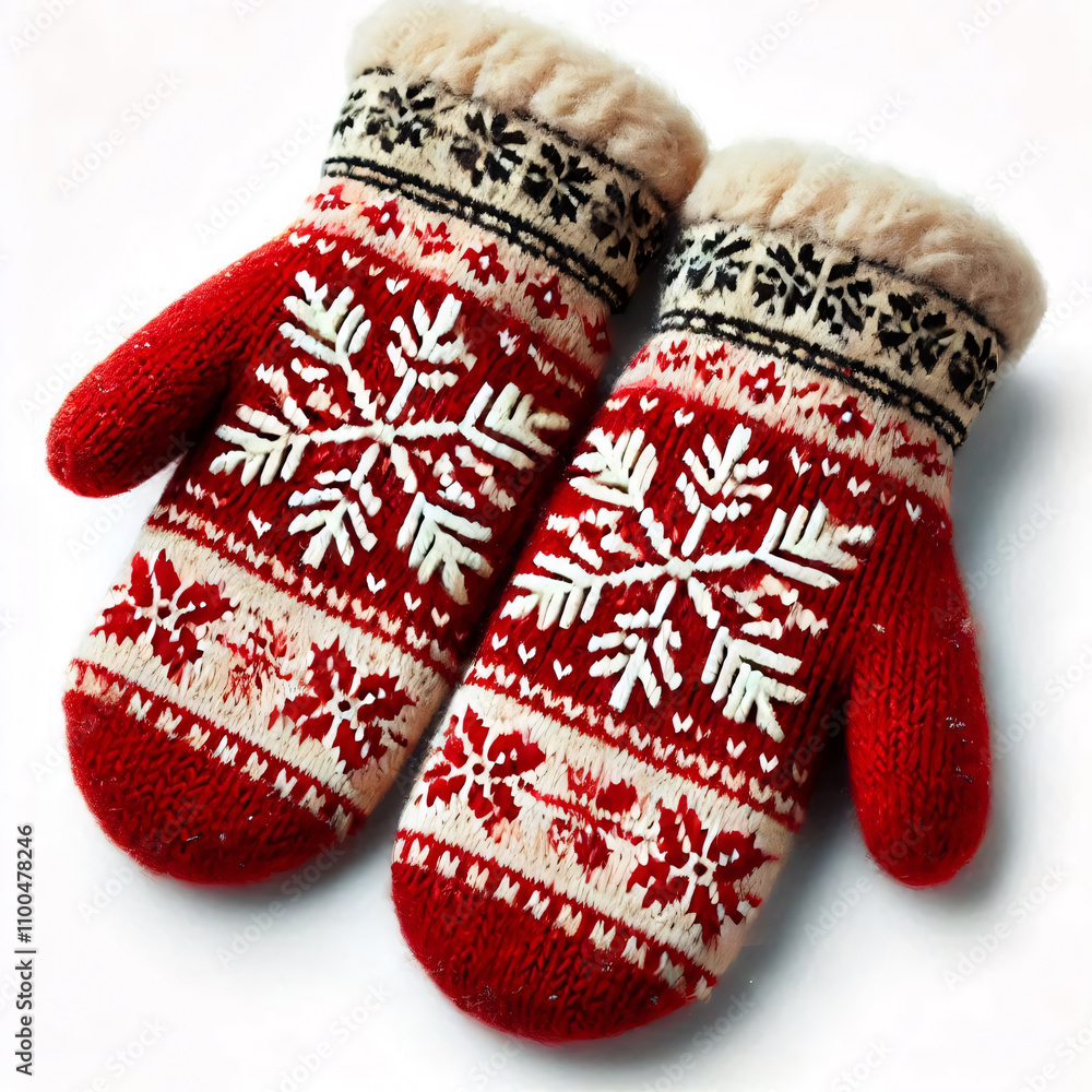 Wall mural Red mittens with white snowflake pattern, perfect for winter warmth