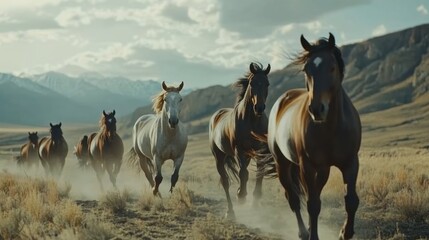 Wild Horses Galloping Across Open Plains With Majestic Mountain Backdrop in Tranquil Evening Light